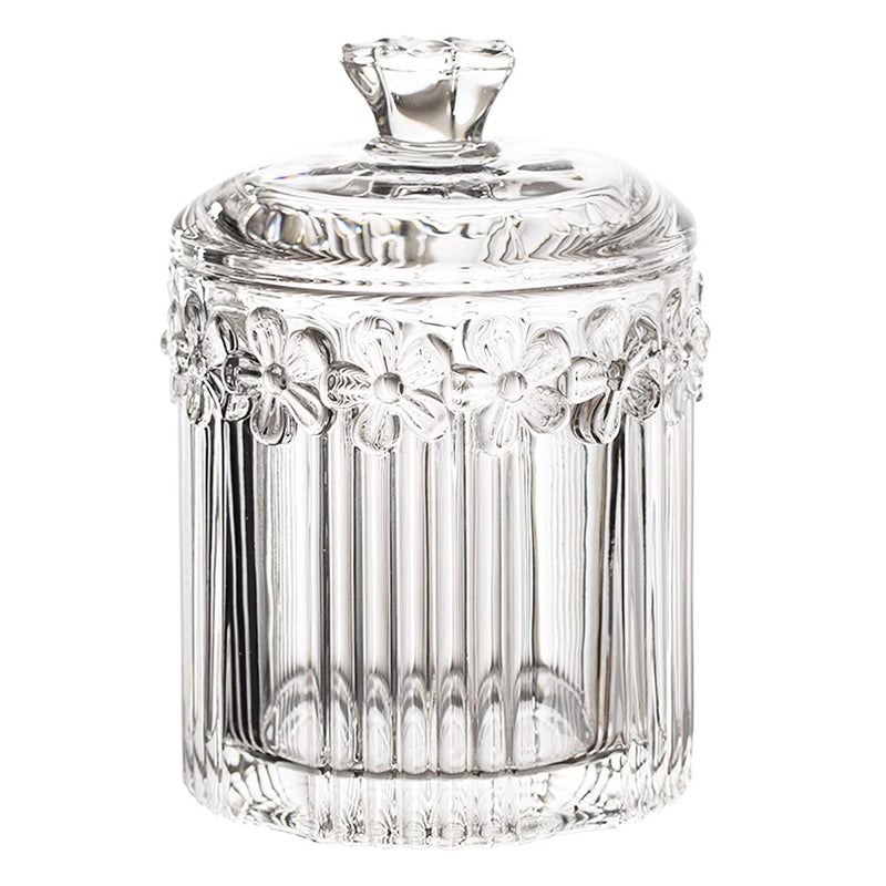 Mathew O Floral Crystal Glass Relief Flower Candy Dish Swab Box Storage Jar with Lid, 5x3.5 inches, 8 oz, 1 Count - Image 1